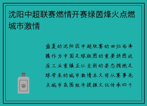 沈阳中超联赛燃情开赛绿茵烽火点燃城市激情